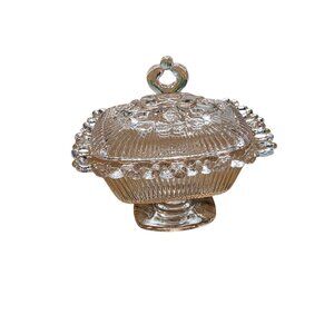 Vintage Pink Indiana Glass Lace Edged Pedestal Candy Dish With Lid